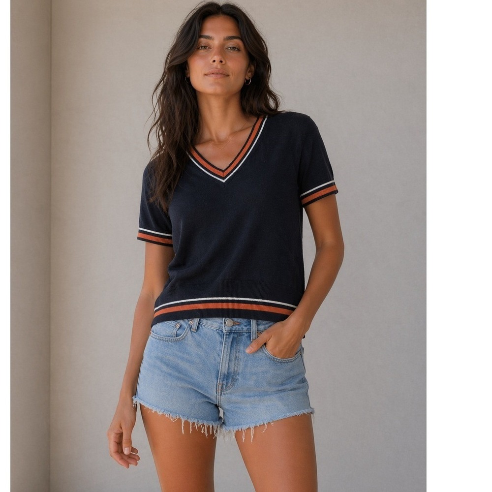 525 America Sweater Women XS/S Blue‎ Linen Blend V Neck Varsity Striped